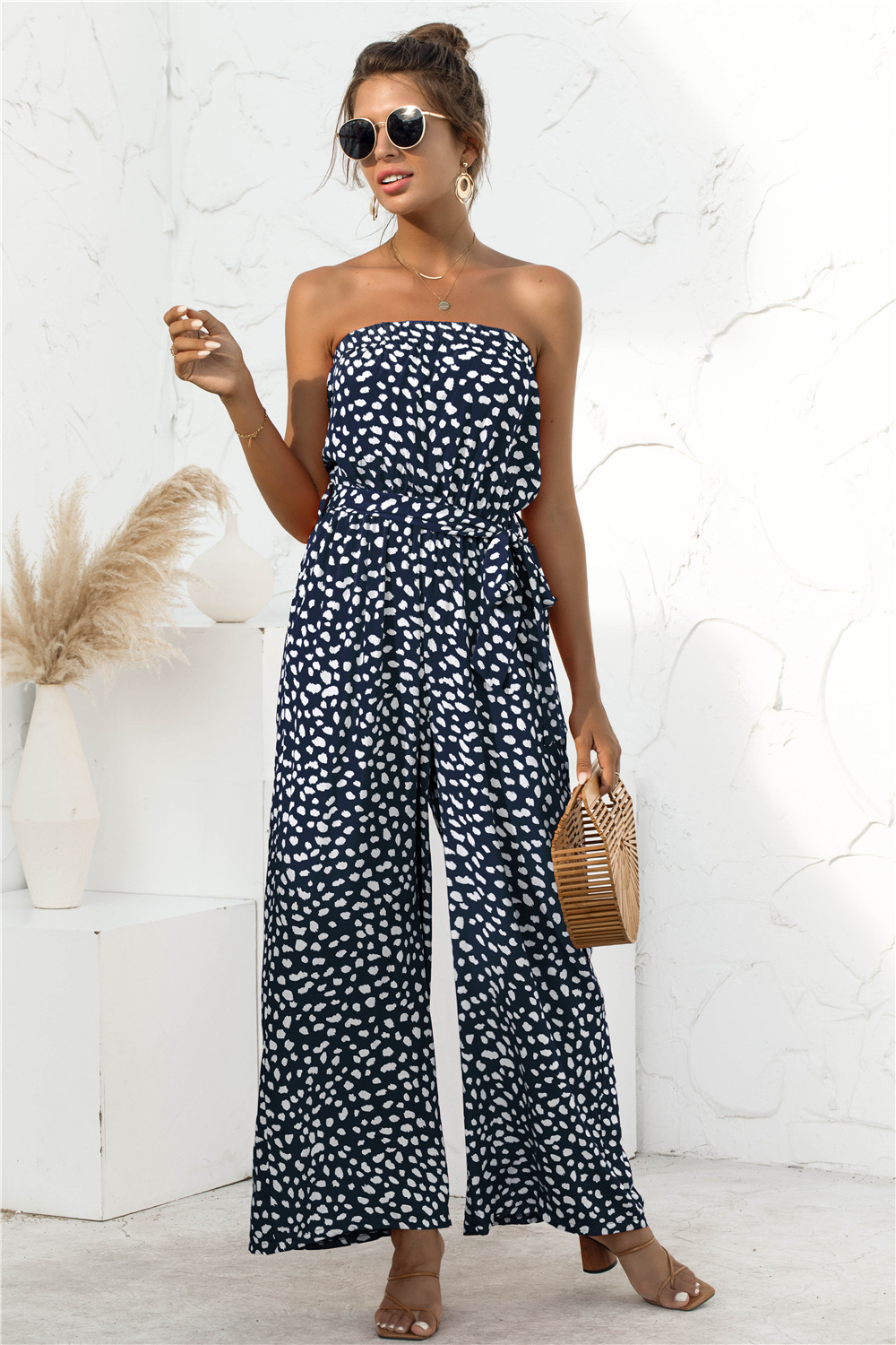 Nuevos productos de verano para mujer, nuevo mono de pierna ancha con cordones y estampado de lunares en forma de corazón y top de tubo sexy_voghion.com