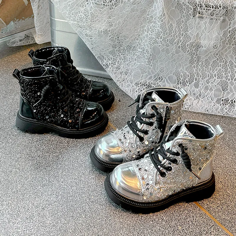 Dětské módní dívčí flitrované britské stylové protiskluzové dětské krátké sněhové boty Happysteps pro batolata z kůže_voghion.com