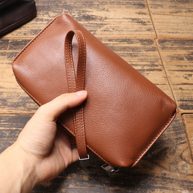 Herrenhandtasche echtem Leder, weicher Lederreißverschluss, lange Brieftasche, lässige Telefontasche aus Rindsleder der_voghion.com