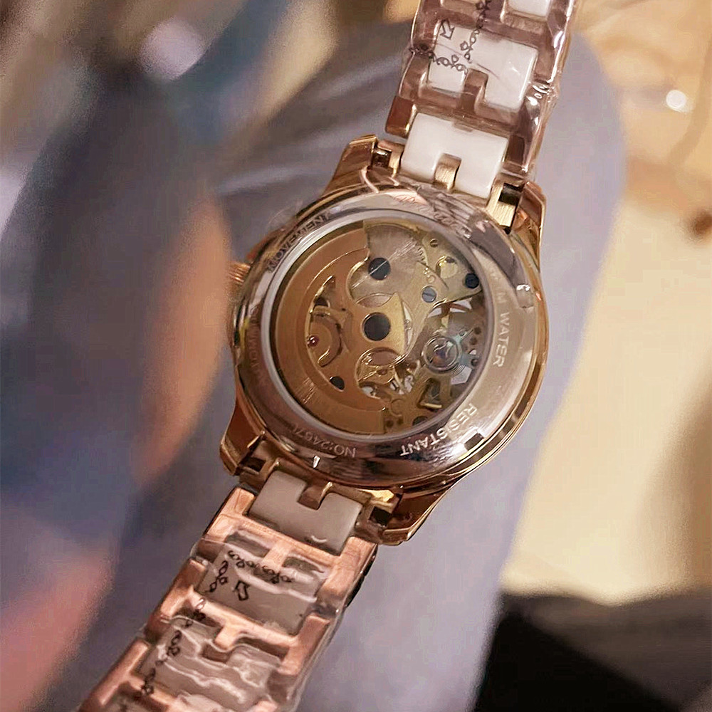 Fasionable Diamant Inlaid New Women's Micro Nigt Glow Vollautomatesch mechanesch Waasserdicht Keramik Wit Fiichtegkeet_voghion.com