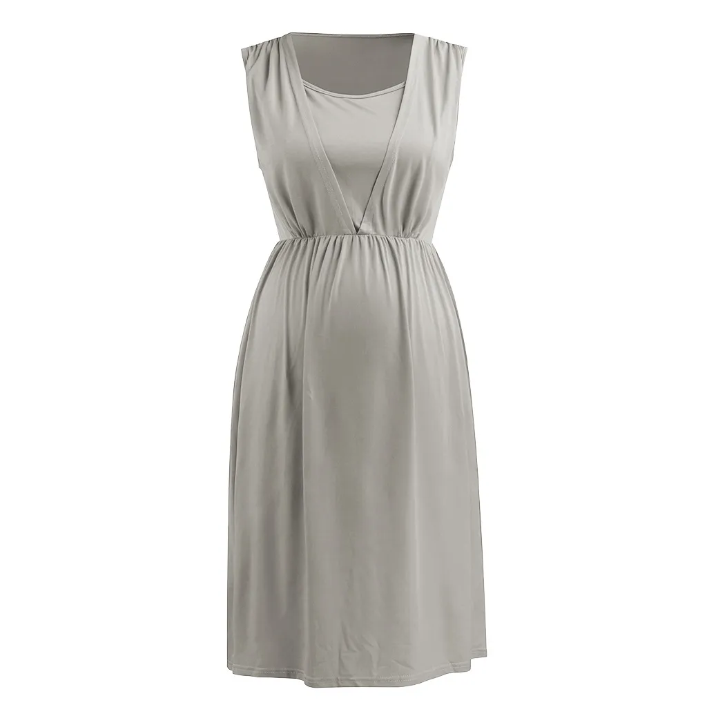 Robes de maternité 2024 col rond robe sans manches à la mode femmes enceintes vêtements allaitement grossesse Q06201_voghion.com