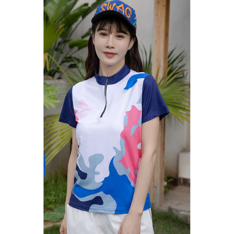 Abbigliamento sportivo da donna in seta di ghiaccio, traspirante, a maniche corte, con colletto alto, ad asciugatura rapida, per escursionismo e tempo libero all'aperto._voghion.com