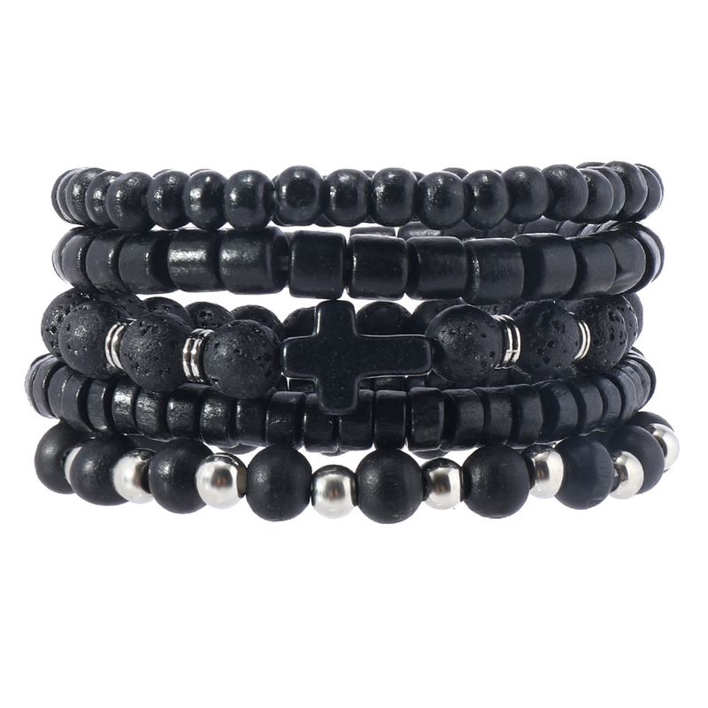 Fashion Dark Style Alloy Cross Wooden Bead E-commerce Men's Volcanic Stone Beaded Bracelet_voghion.com