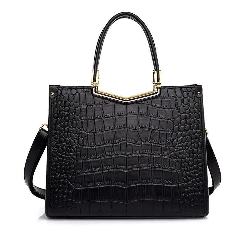 Label Texture Women's Handbag Large Capacity Crocodile Pattern Commuting Style One Shoulder Tote Bag_voghion.com