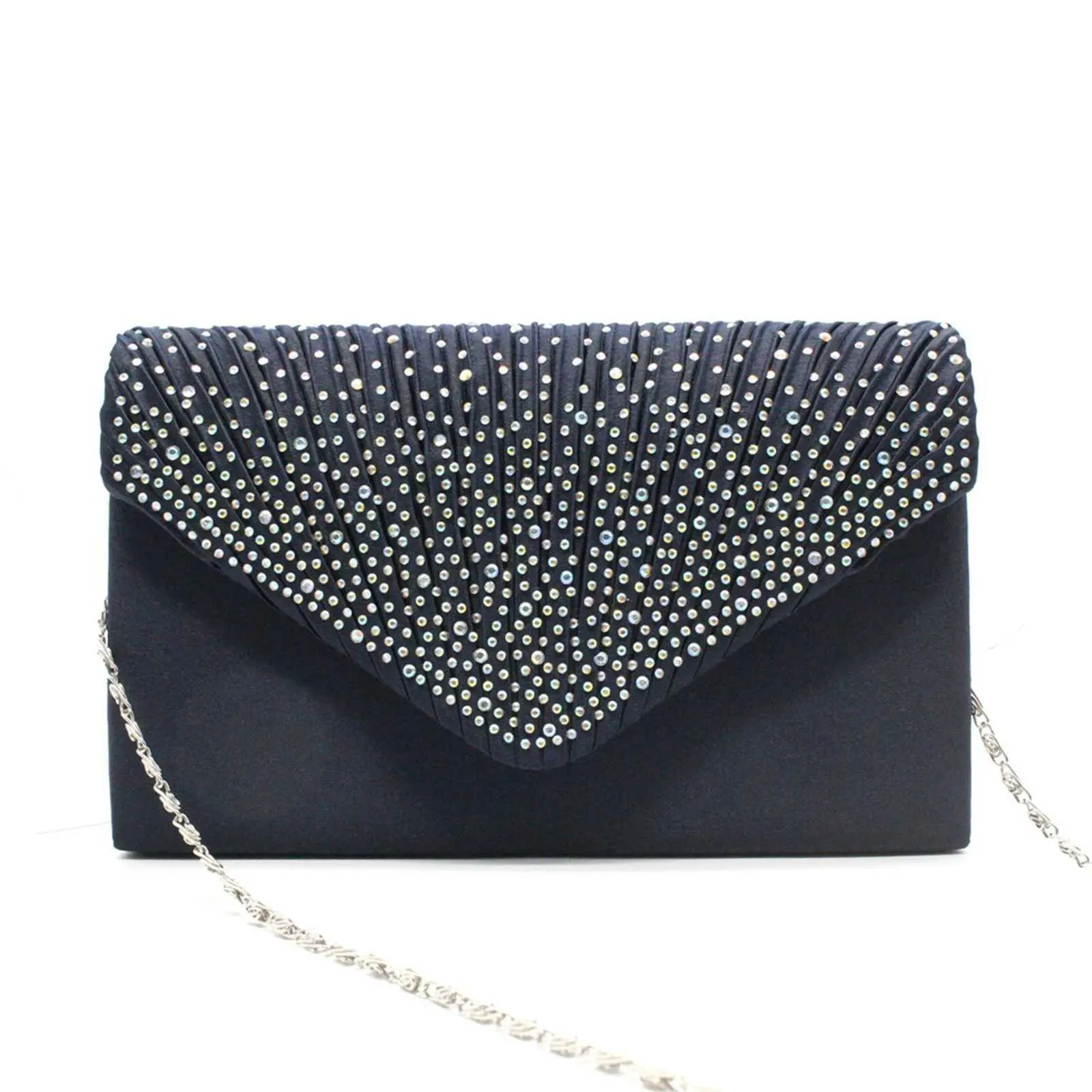Modische und elegante Clutch für Damen aus Satin mit rhinestone-verzierter Schulterpartie, dünne Kette, passend zu Party- und Bankettkleidern, Abendtasche_voghion.com