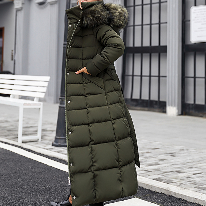 Veste longue en coton rembourrée avec col en fourrure pour femme, couleur slim, au-dessus du genou