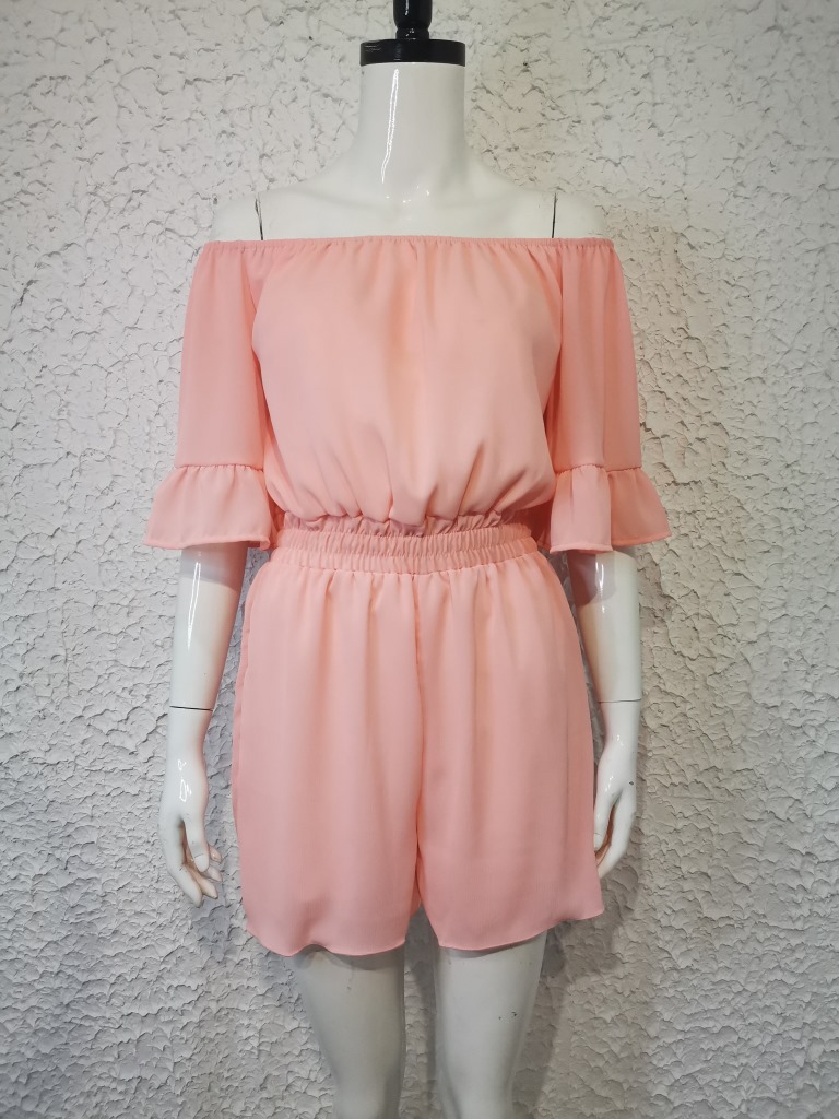 Kurzärmliger, lockerer, einfarbiger Chiffon-Overall für Damen_voghion.com