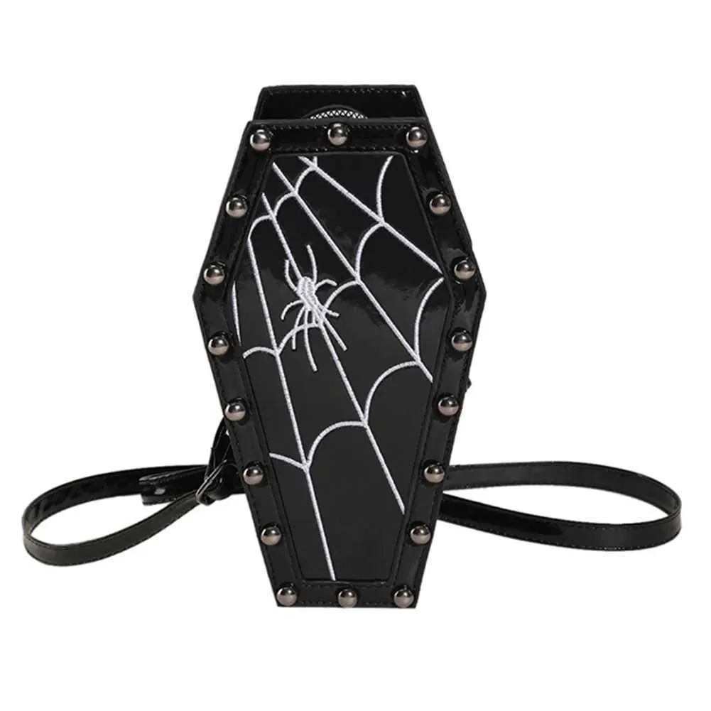 Zaino a forma di bara gotica di grande capacità, con spallacci regolabili, in pelle PU, con ragnatela di Halloween_voghion.com