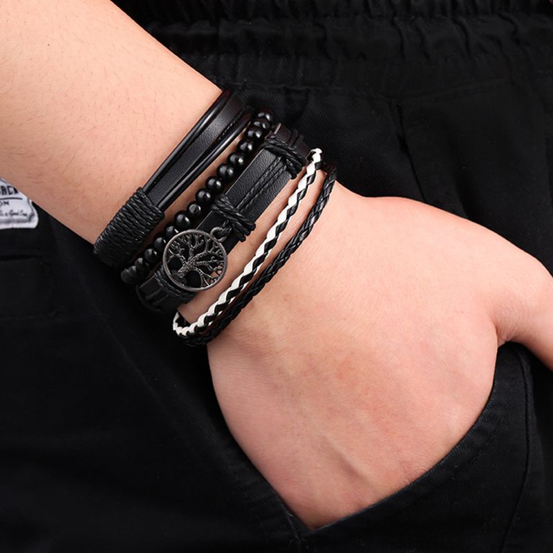 Heißer Lebensbaum Anzug Vintage Leder Perlen DIY Vierteiliges Herrenarmband_voghion.com