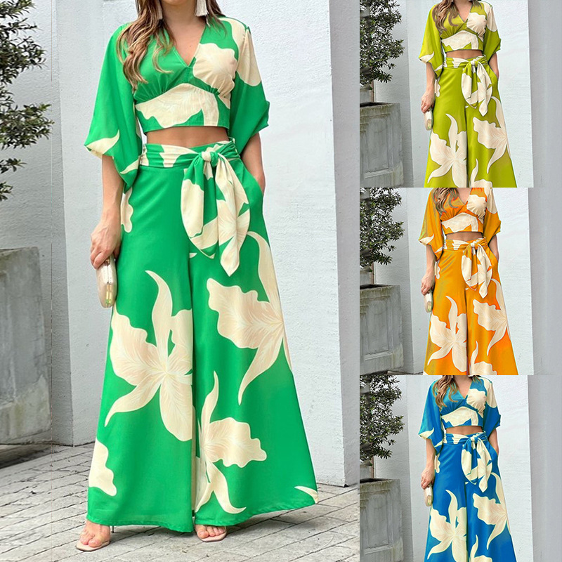 ​​Women’s V-Neck Lantern Sleeve Top & High-Waisted Wide-Leg Pants Set – Spring Elegant Casual Outfit (S-3XL) | Polyester Printed Workwear​​