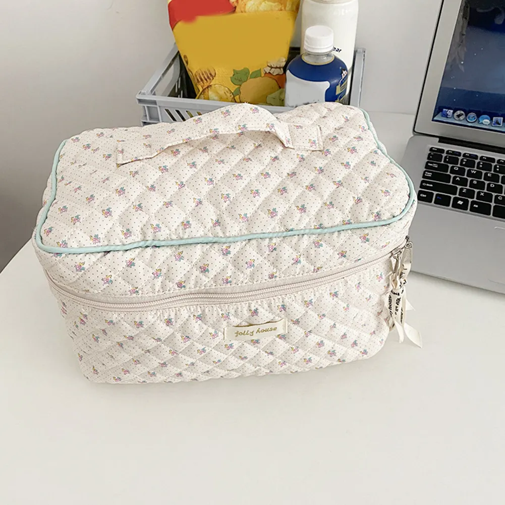 Trousse de toilette coréenne mignonne, portable, zippée, organiseur de voyage, trousse de maquillage matelassée, grande capacité, imprimé floral, pour femmes_voghion.com