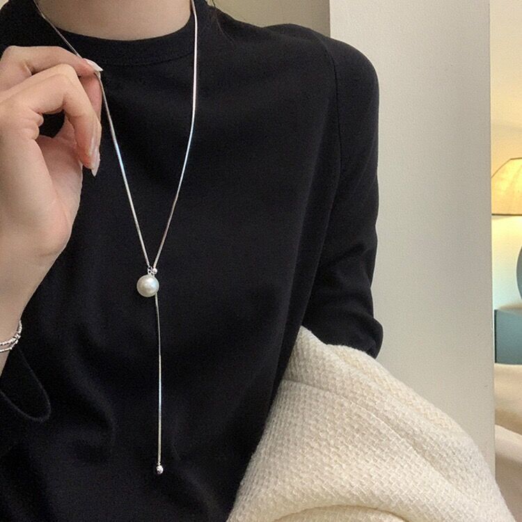 Silver chain pull-out pearl long necklace sweater chain female niche retro personality simple versatile temperament necklace
