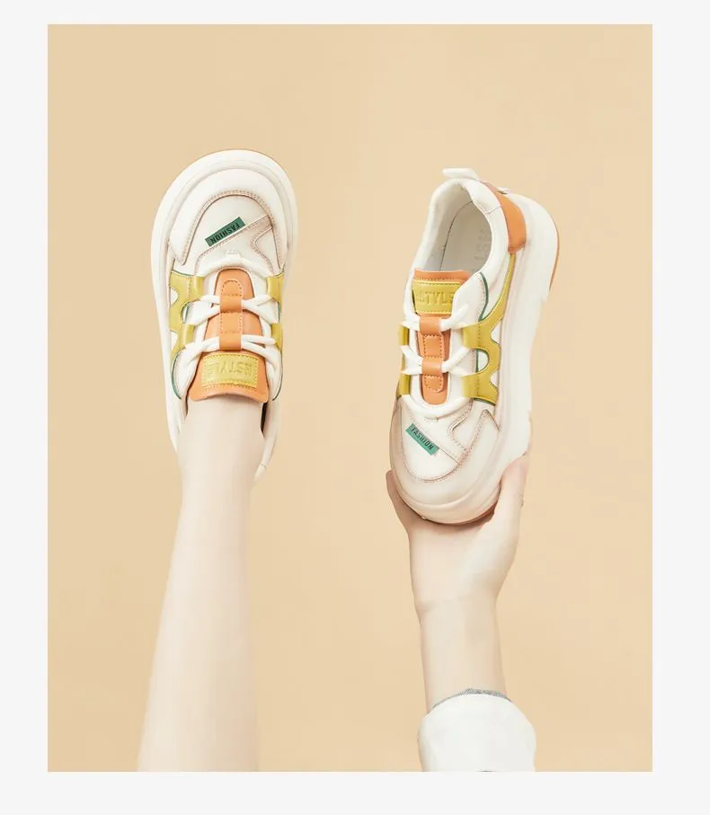 Genuine Leather Thick Soled Round Toe Low Top Skateboarding Casual Fashionable Versatile And Cute Sports Shoes_voghion.com