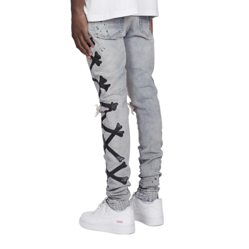 2024 Nya Herrjeans med Broken Bones-tryck, Prickar, Elastiska Fötter, Batch 8886_voghion.com