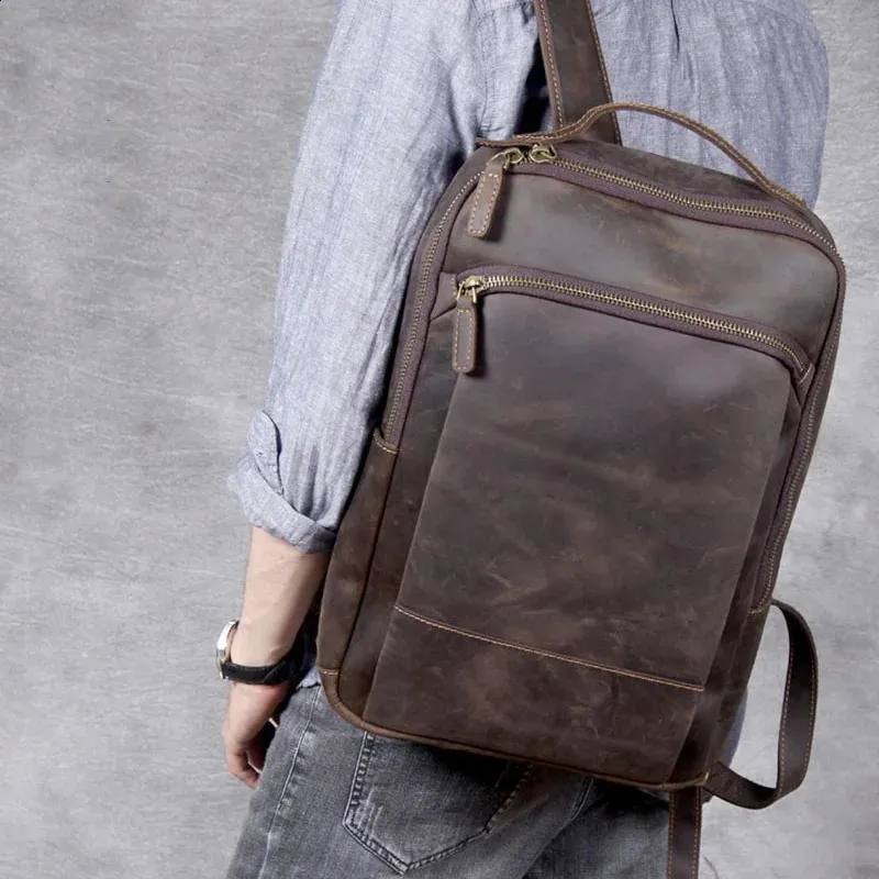 Vintage Mens Crazy Horse Leather genuine leather Retro Rucksack Large Classic Travel Backpack Big laptop computer bag_voghion.com
