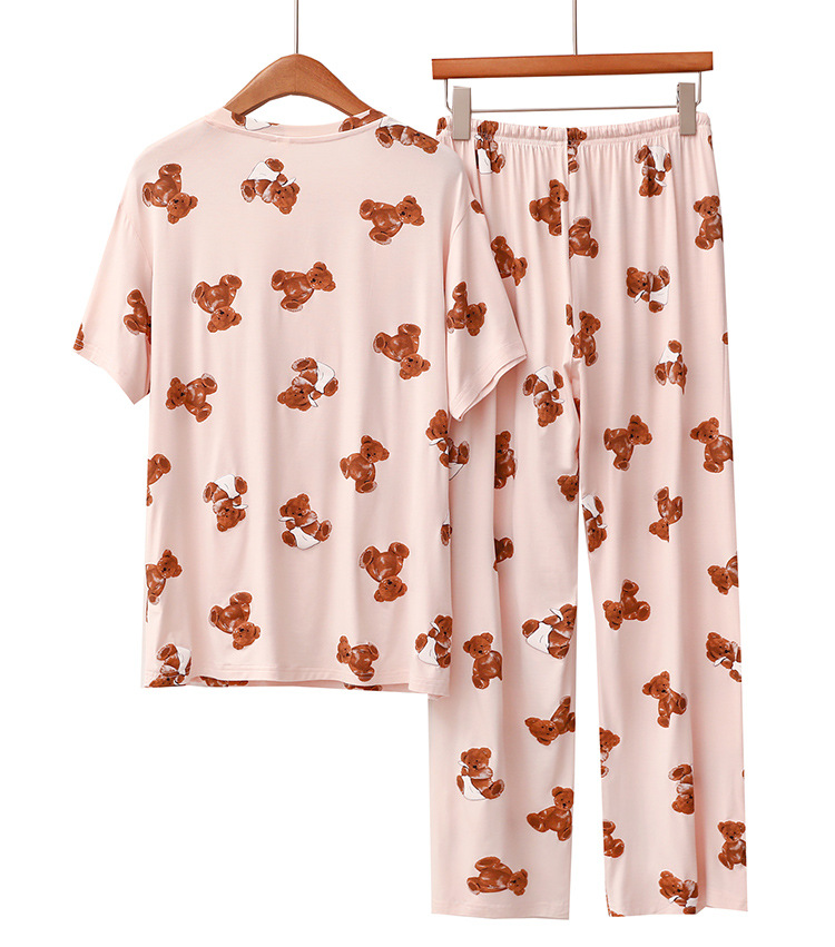 Vêtements pour femmes pyjama modal pour femmes en été mince ours de dessin animé confortable doux col rond pantalon à manches courtes vêtements de maison_voghion.com
