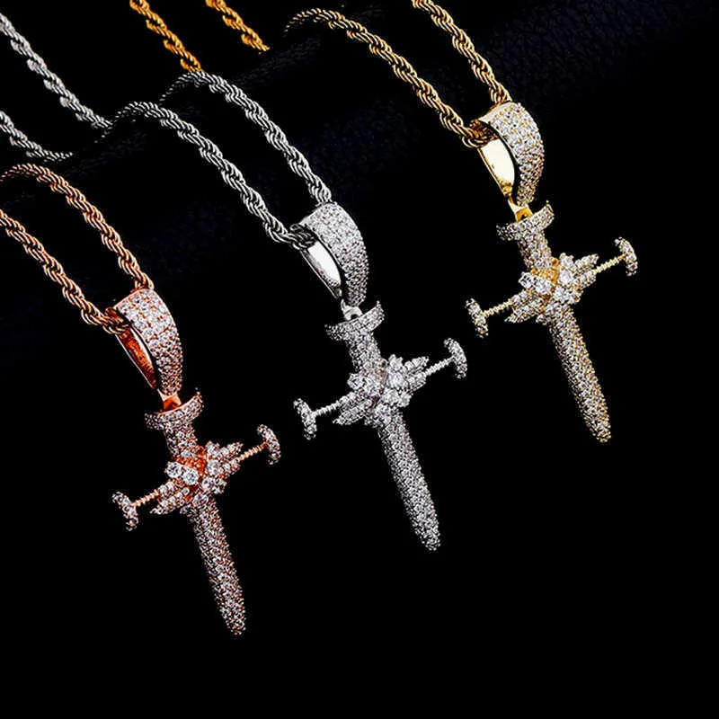 Unisex Ins Full Zircon Nail Cross Pendant Necklace Hip Hop Punk Jewelry Bling Real Yellow Gold Shiny Cz Stone Cubic_voghion.com
