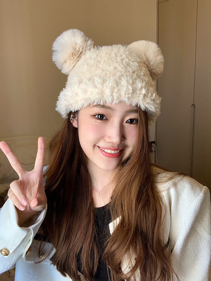 Autumn and Winter Cute Little Bear Plush Ear Protection for Children's Versatile Warmth Double Hair Ball Knitted Hat_voghion.com