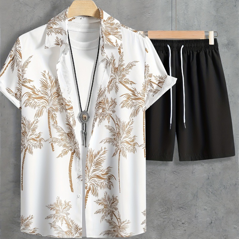 Europe and the United States 2024 summer new shirt shorts suit 3D printing leisure holiday men's cardigan two-piece set_voghion.com