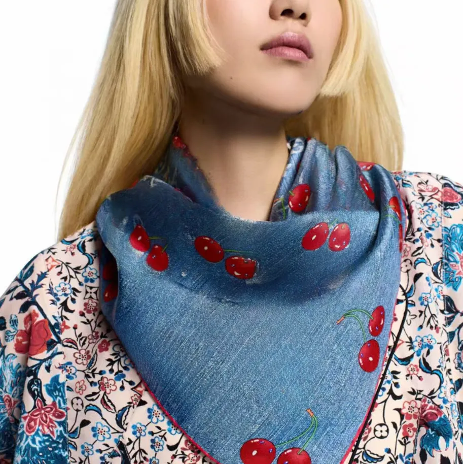 Sciarpa di seta imitata con stampa di ciliegie, fascia per capelli da donna, borsa con manico lungo, sciarpe, tracolla, grande_voghion.com