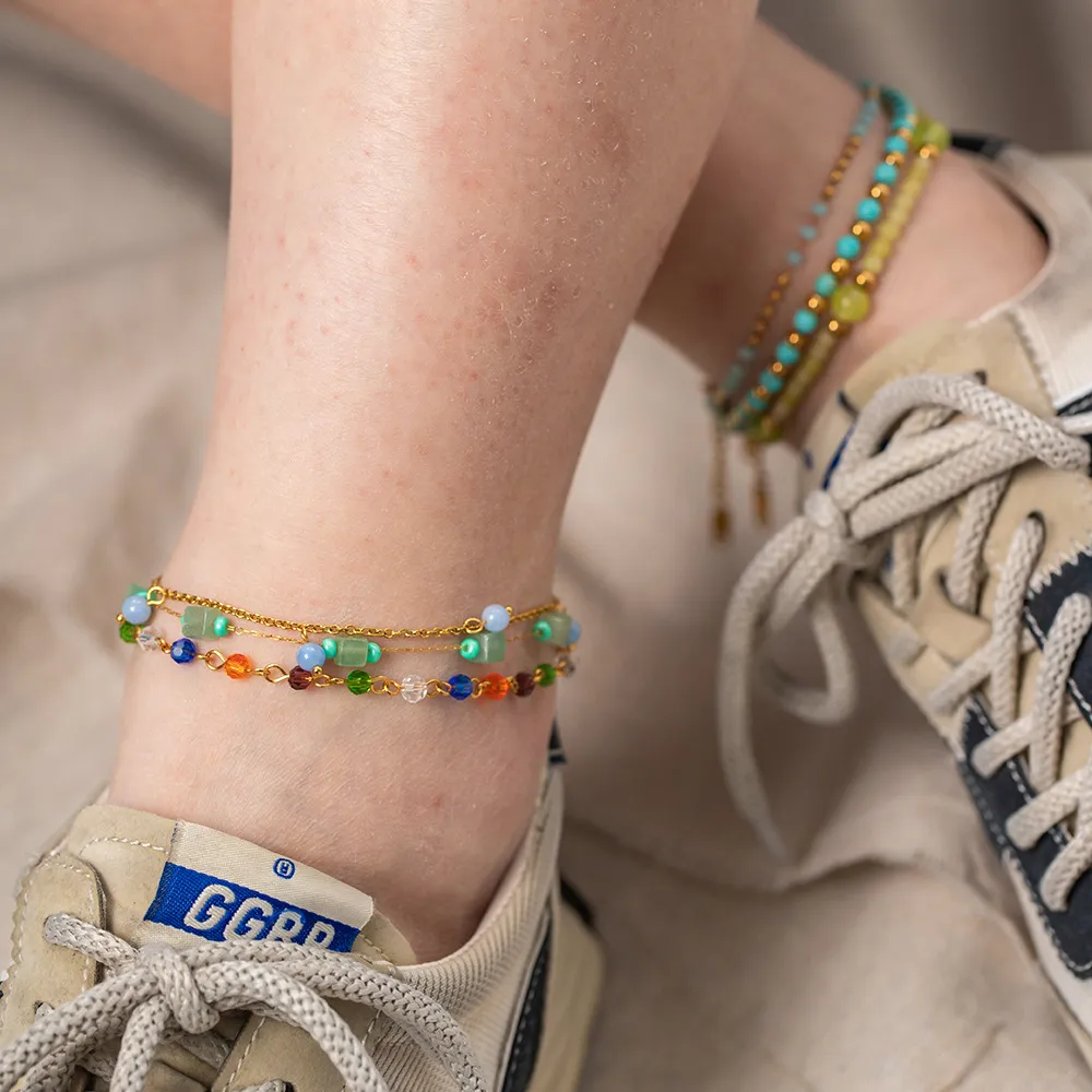 Anklets Minar Boho Blue Green Turquoise Natural Stone Strand Beaded Women Gold Plated Stainless Steel Non Tarnish_voghion.com