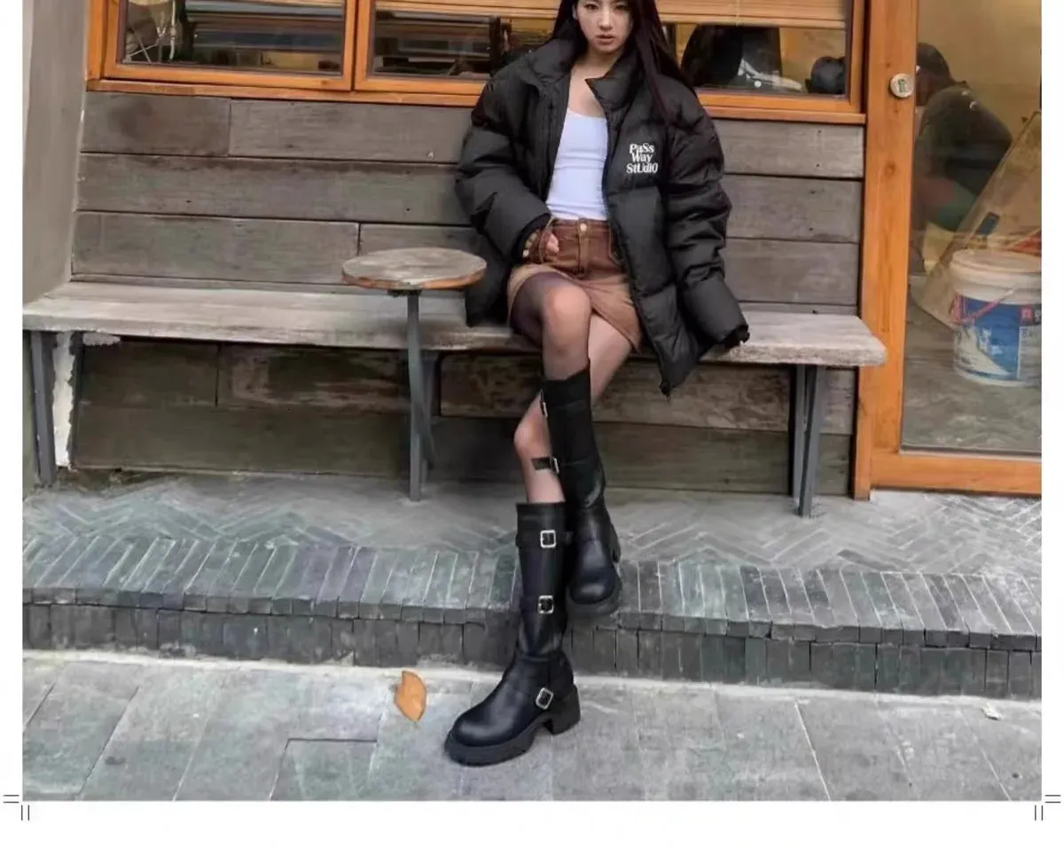 Bottes au genou pour femmes automne boucle de ceinture épaisse robe d'extérieur talons hauts pour femmes atos 241007_voghion.com