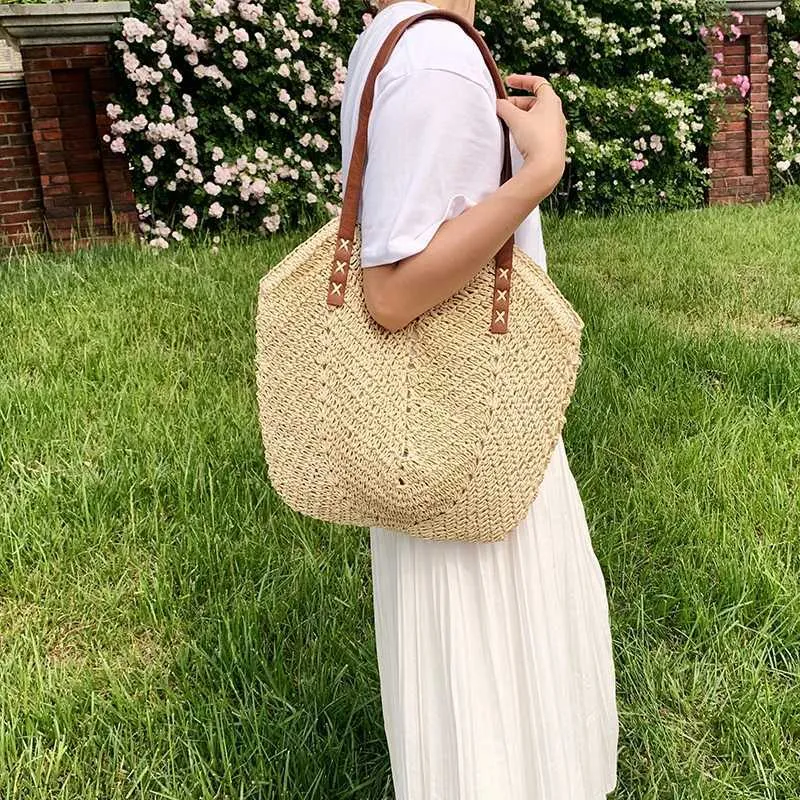 Summer grass woven shoulder bag Latan Beach large capacity handmade vacation travel shopping handbag Y241011_voghion.com