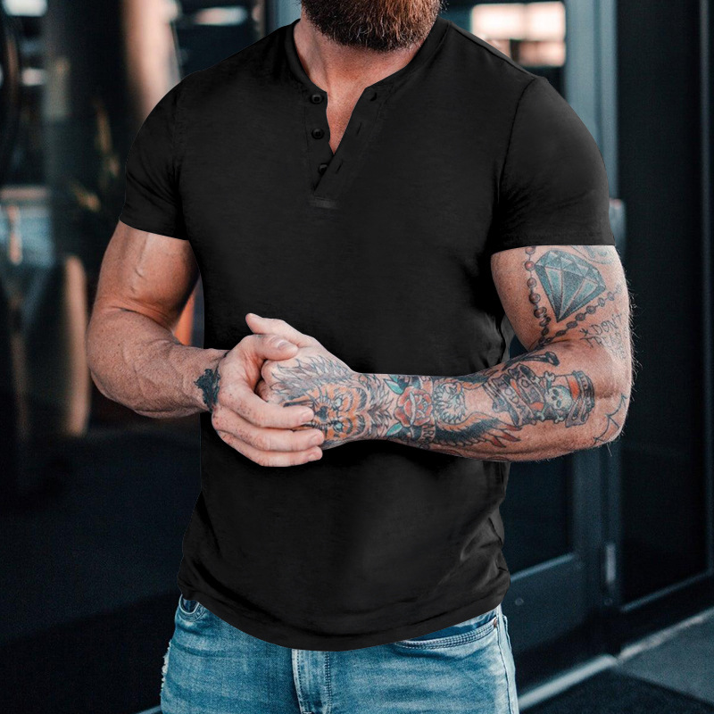 2023 Neues Sommer-T-Shirt für Herren, lässig, einfarbig, kurzärmelig, Rundhalsausschnitt, Pullover, Knopfleiste, Henley-Shirt_voghion.com
