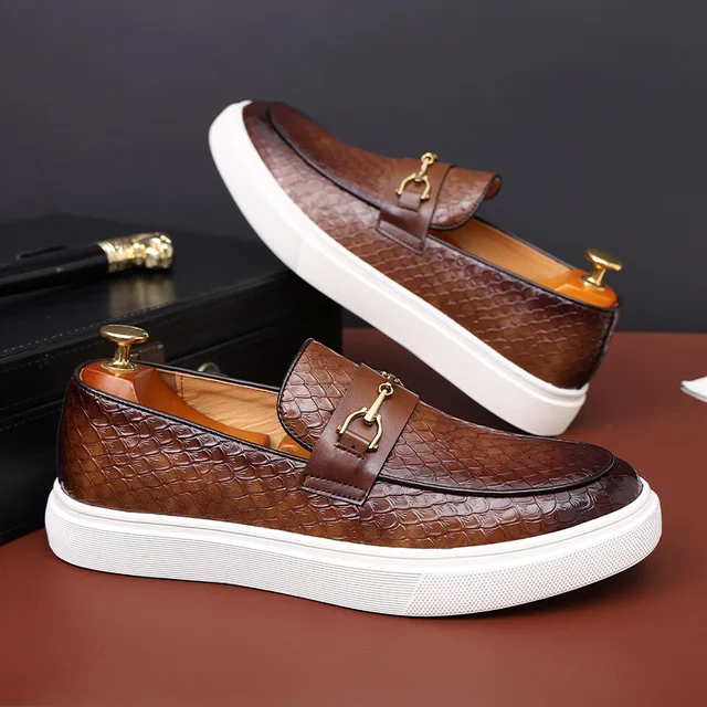 Fashion Men's Casual Emed Leather Men Classic Buckle Loafers Mens Slip-on Board Shoes Outdoor Driving Flats_voghion.com