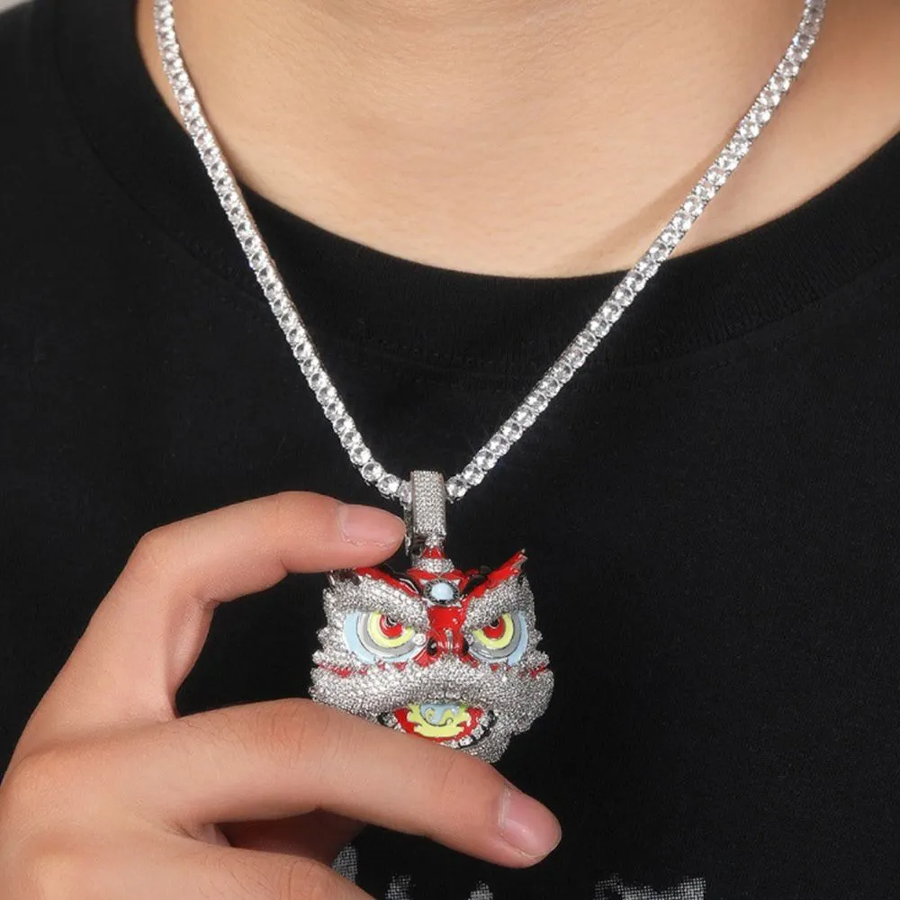 Collana con ciondolo a forma di leone colorato retrò hip hop, regalo per uomo, gioielli placcati in oro vero e zircone pieno_voghion.com