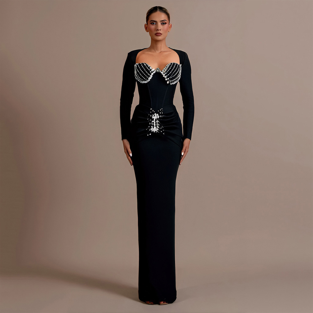 Nordlicht Independent Station Cross-Border Rhinestone Sexy Square Neck Low-Cut Bodycon Long Sleeve Bandage Dress Socialite