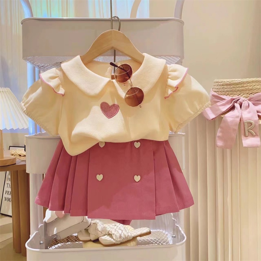Costume d'été pour mère et enfant pour filles, joli amour brodé, manches courtes, plus short, costume deux pièces, nouvelle collection 2024_voghion.com