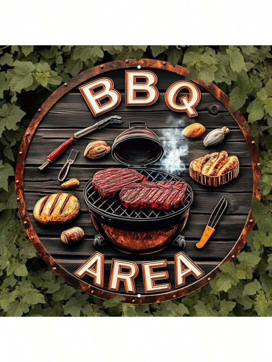 Wooden Barbecue Area,Vintage Barbecue Wall Art, Featuring Outdoor Decorations With Steak And Tool Images, Retro Bar/Cafe/Backyard Terrace Accessories_voghion.com