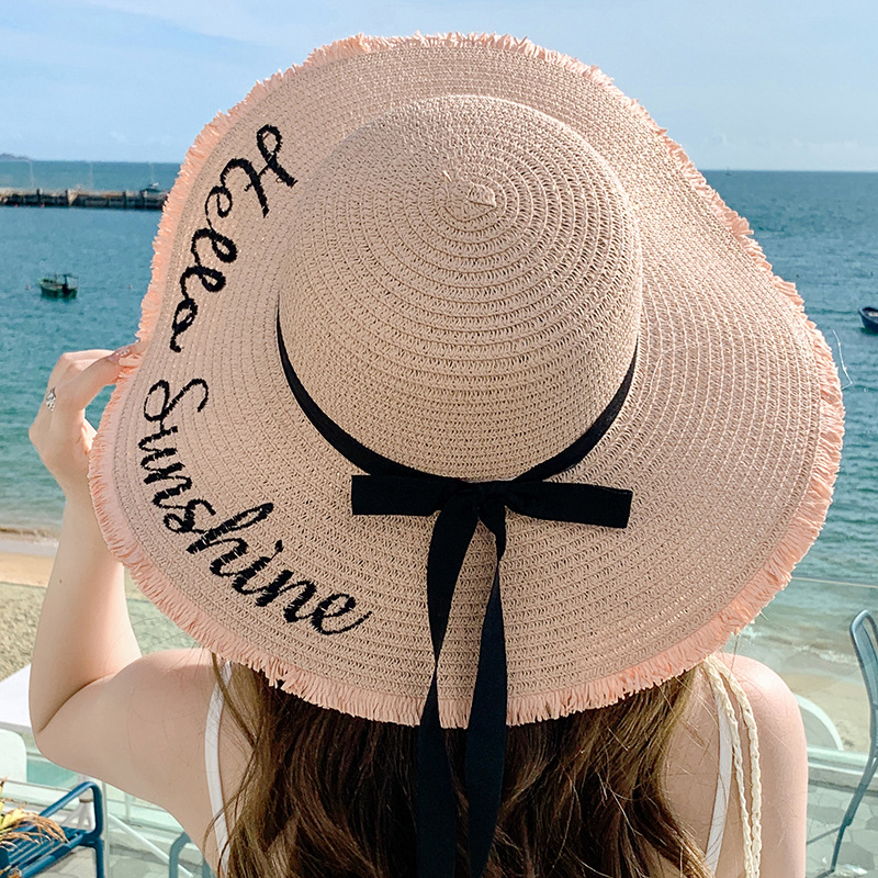 Unisex Summer large embroidered sunblock straw hat women's fashion simple letter bow streamer sun hat sweet sun hat_voghion.com