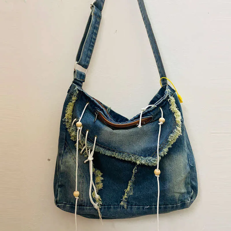 Sacs fourre-tout messager en denim vintage pour femmes, sacs à main et sacs à main de créateur 2023, nouveauté en bois, pompon perlé, grande bandoulière_voghion.com