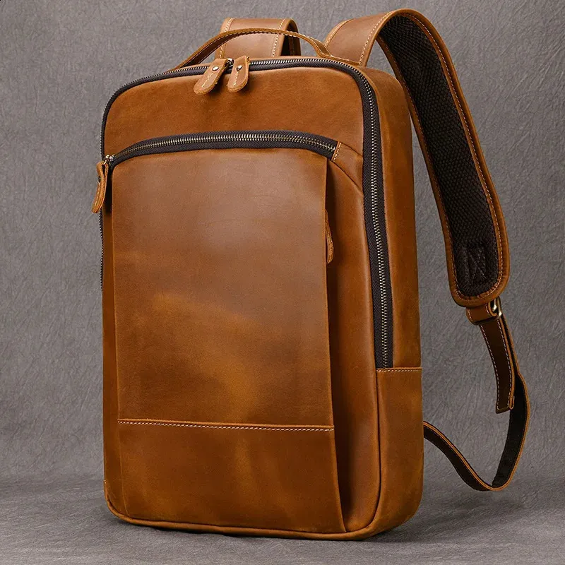 Vintage Mens Crazy Horse Leather genuine leather Retro Rucksack Large Classic Travel Backpack Big laptop computer bag_voghion.com