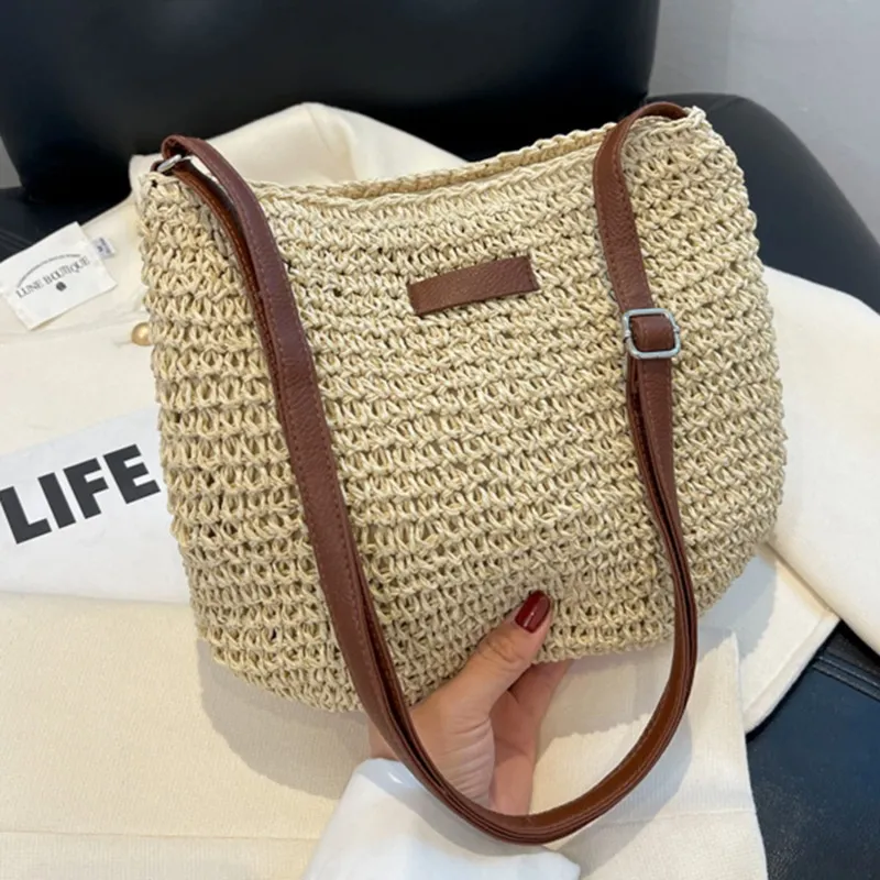 Borse e borsette lavorate a maglia, borse a tracolla da donna, in paglia intrecciata, per donna, borsa da spiaggia_voghion.com