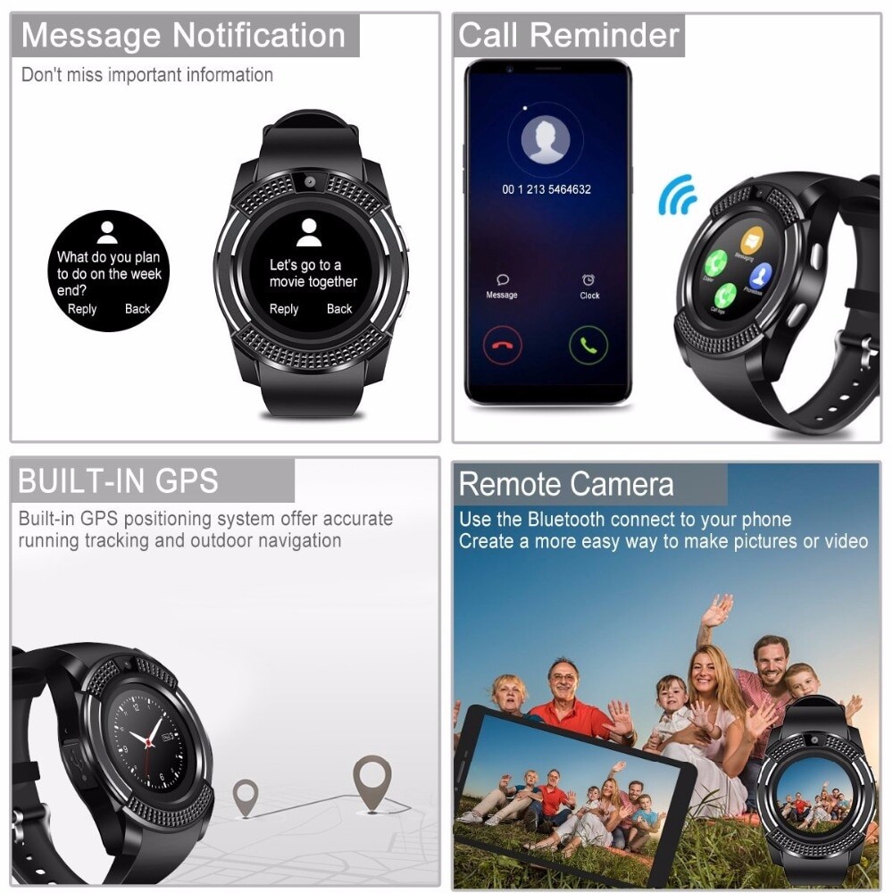 ♥ Direkt verfügbar + GRATIS Liwwerung ♥ V8 Smartwatch TF SIM Auer Bluetooth Schrëttzieler Kamera 2G Faarfdisplay Handgelenk Sport Auer Waasserdicht Apparat Android_voghion.com