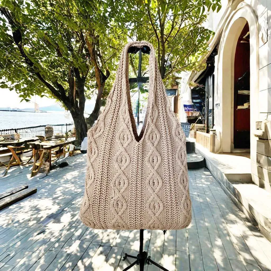 Vintage Strick Schultertasche Für Damen, Große Handtasche Casual_voghion.com