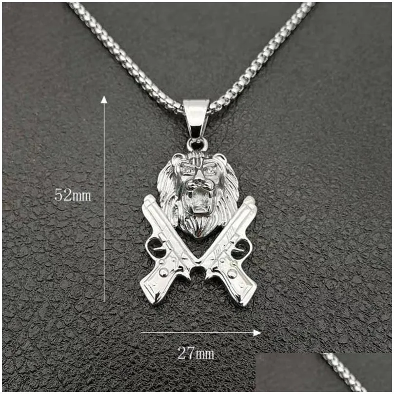 Collane con ciondolo in acciaio inossidabile Hip Hop Collana Leone e pistola Ciondoli Colore oro Argento 24 pollici Catena a corda Scatola Sn1661_voghion.com