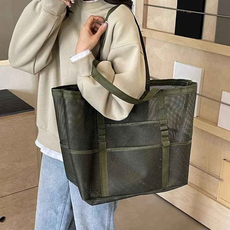 Portable mesh large capacity reusable storage swimming beach bag womens makeup organizer shopping handbag Y241011_voghion.com