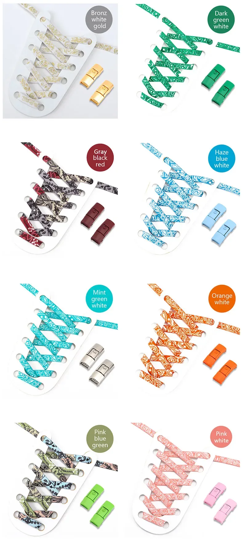 Lacci elastici piatti senza lacci per scarpe da ginnastica con stampa anacardi, lacci colorati con chiusura in metallo senza lacci_voghion.com