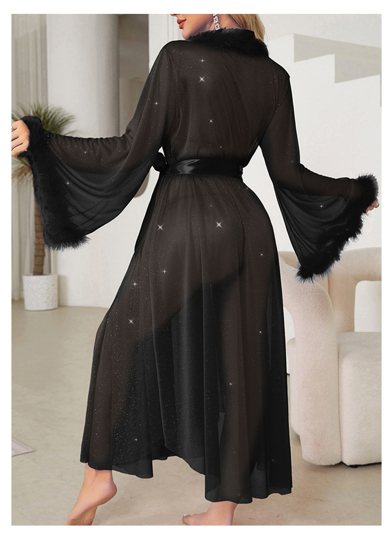 Women's clothing new silver silk pajamas women light luxury long sleeve fur cool nightgown bathrobe home clothes women_voghion.com