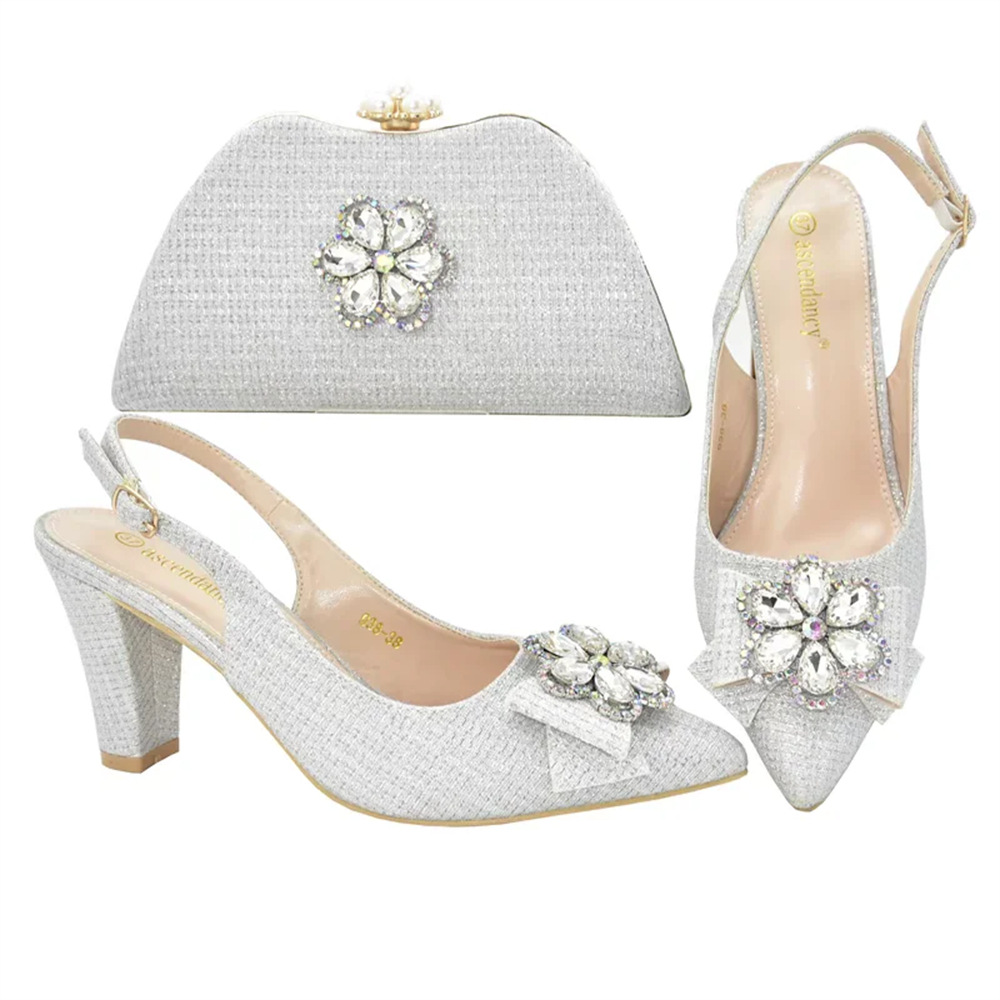 Vintage diamond-encrusted floral embellished square heels with pointed heels paired with a solid color party and dinner bag set