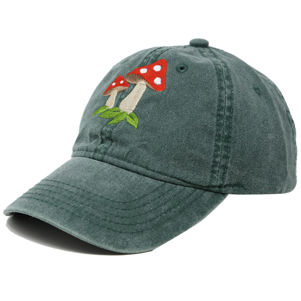 Vintage Washed Cotton Baseball Cap Mushroom Embroidery Dad Hat_voghion.com