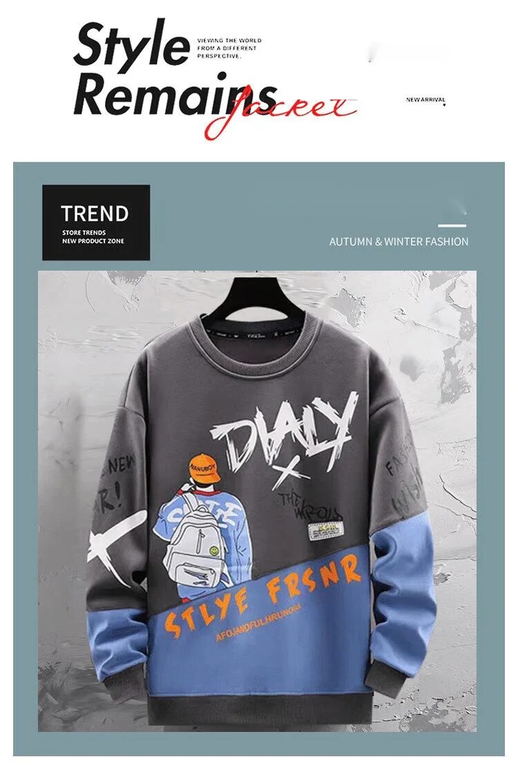 Men's hoodie, spring and autumn new couple outfit, long sleeved color contrast t-s, loose oversized cartoon bottom_voghion.com