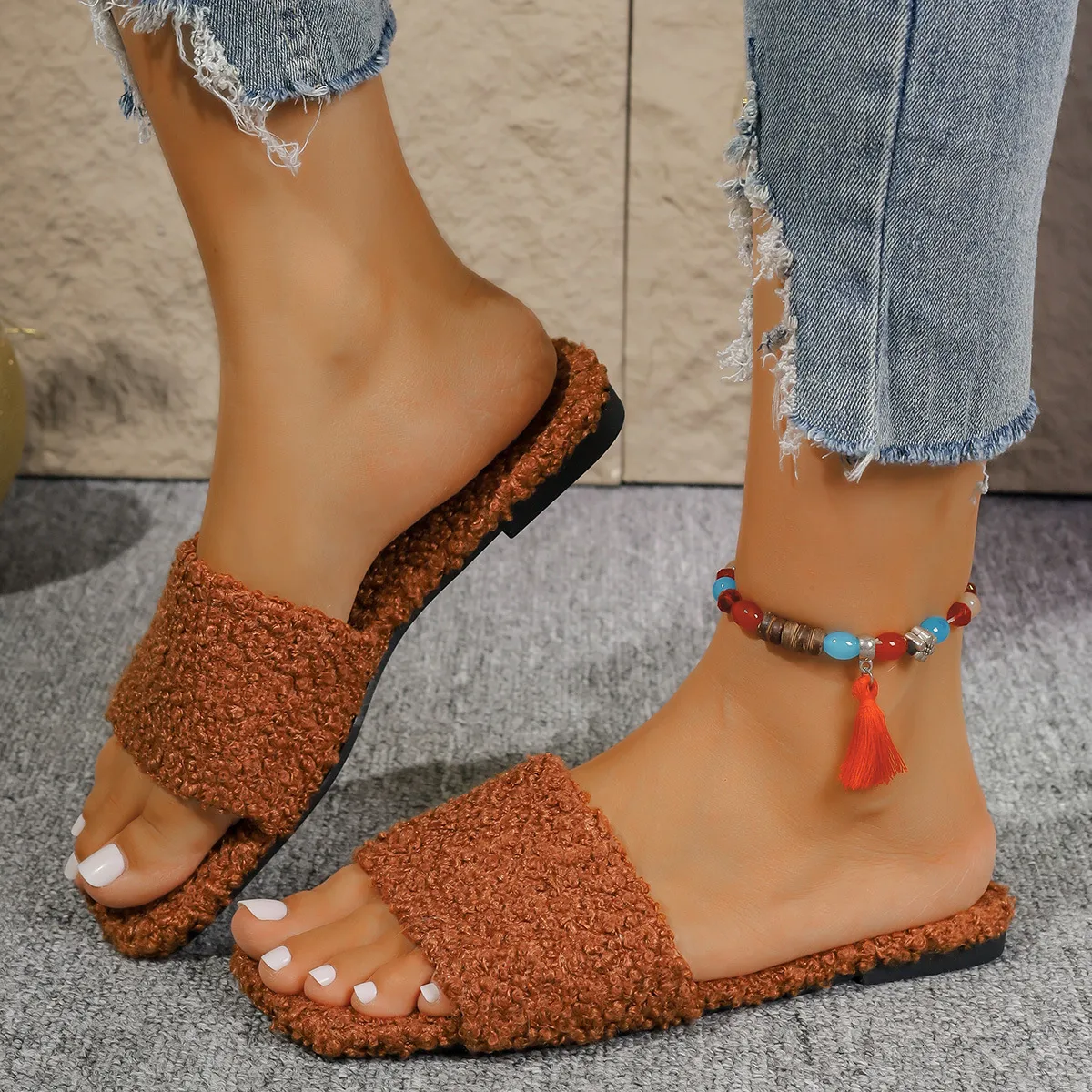 2024 Outono/Inverno Novos Grandes Pantufas Femininas Flat One Word Home De Lã_voghion.com