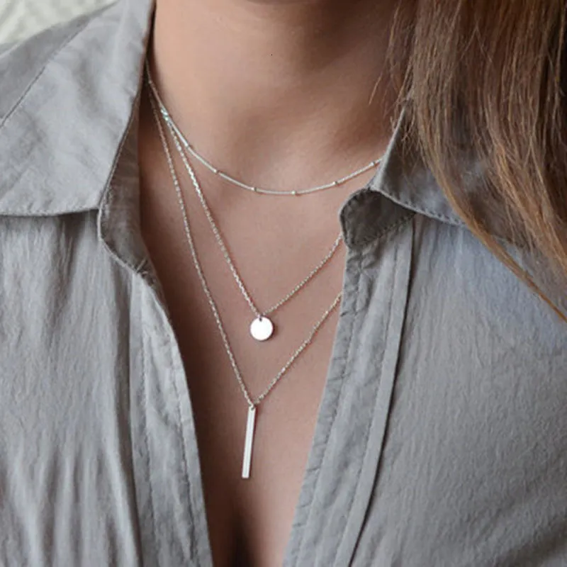 Collane Sterling Sier Semplice Collana a tre strati Ciondolo a barra lunga lucida Regali di nozze per donne Accessori squisiti_voghion.com