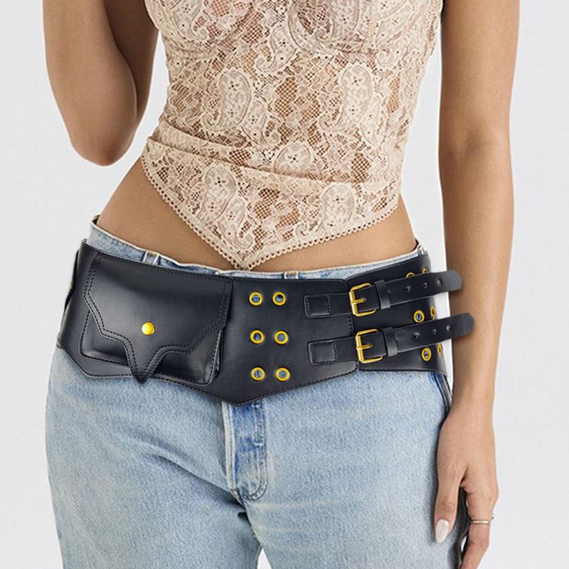 Western Cowboy-Stil Doppelschnalle Metall Niet dreidimensionale Ledergürtel Persönlichkeit Trend Freizeit Mini Gürtel_voghion.com