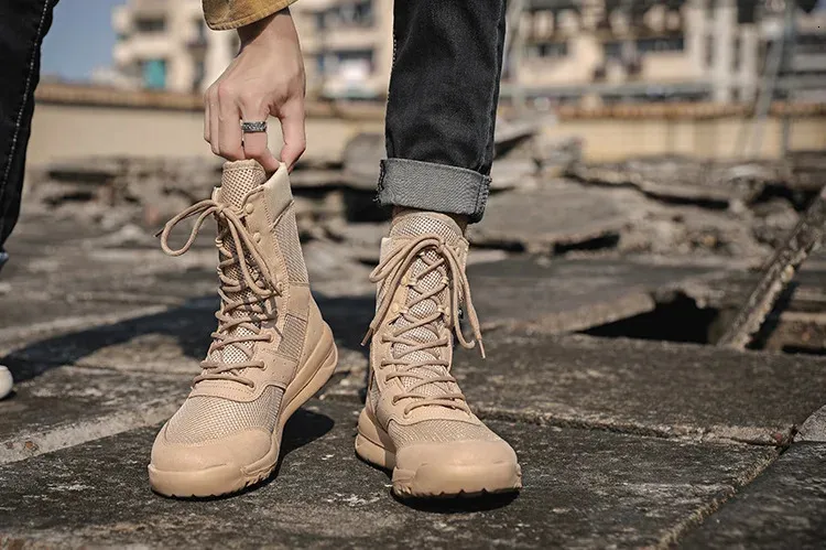 Sommer Atmungsaktive Wüste Wandern Herren High Top Outdoor Klettern Bergsteigen Armee Schuhe Leichte Taktische Kampf_voghion.com